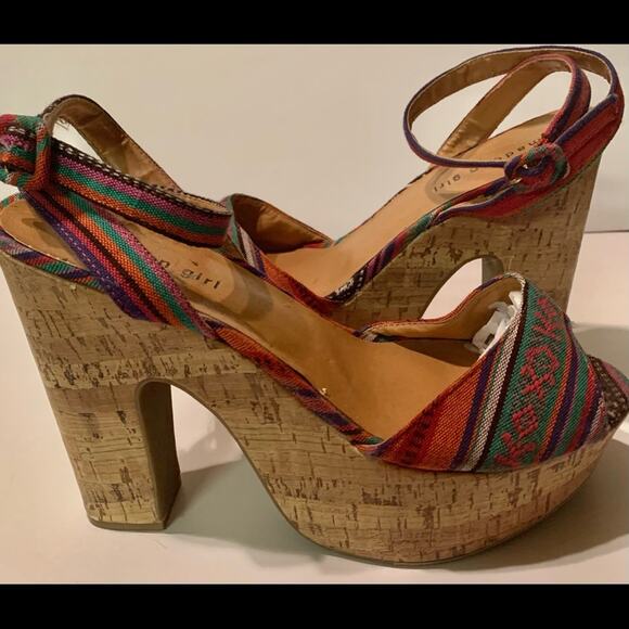 STEVE MADDEN GIRL Boho Multicolor Fabric CORK PLATFORM 5” Heel 10M - Picture 1 of 13